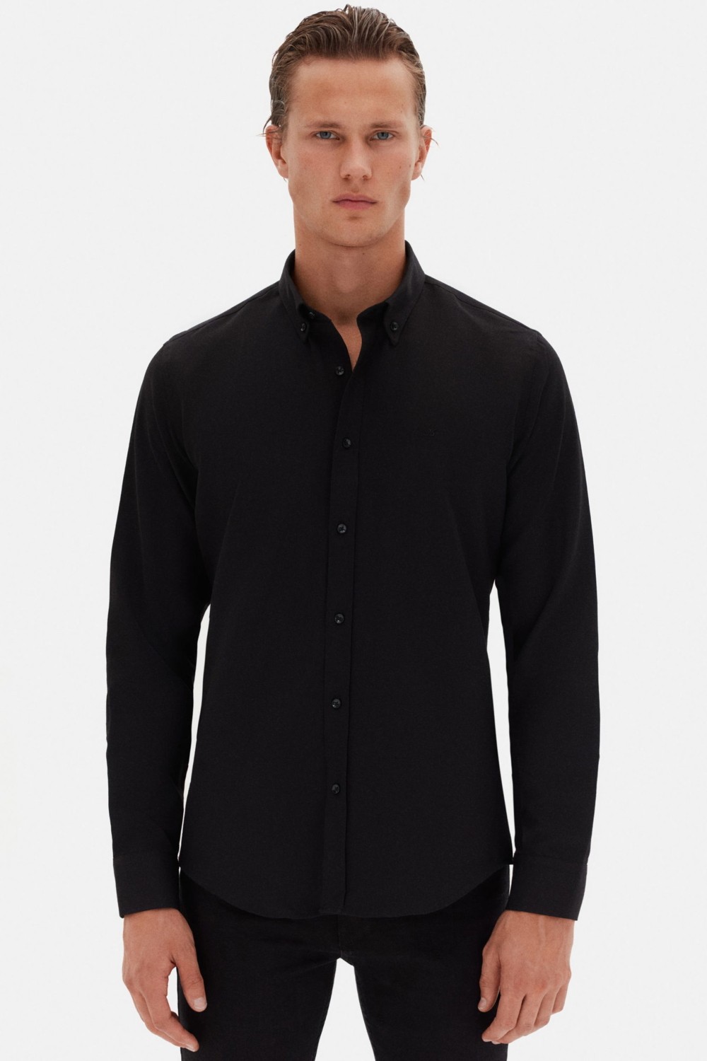 D'S Damat Slim Fit İndigo Oxford Düğmeli Yaka Kolay Ütülenebilir Nakış Detaylı Pamuklu Gömlek 4HC02ORT03265