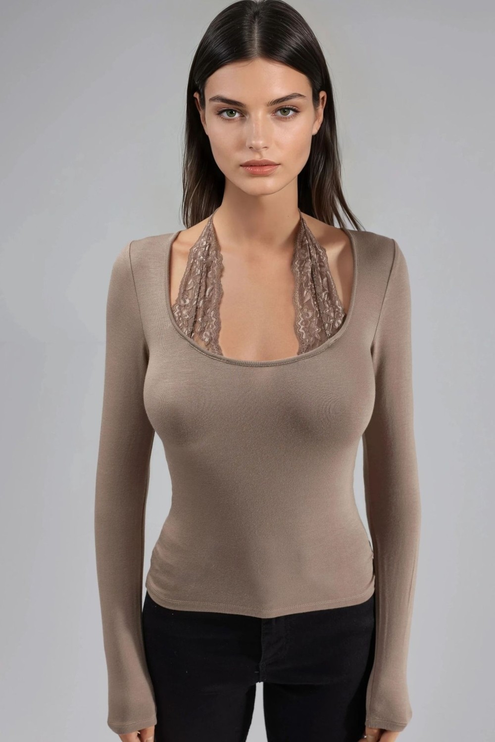 Hiccup Kadınlar Dantel Halter Yakalı Esnek Viskon Top Natural görsel 7