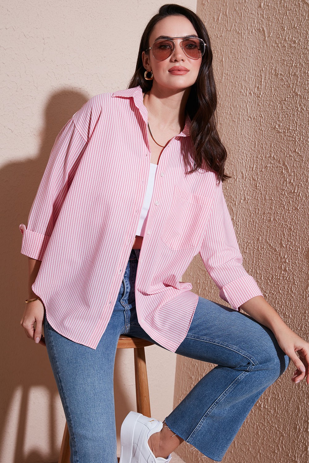 Lela Regular Fit Uzun Kollu Cepli Çizgili Gömlek Bayan Gömlek 6772895 görsel 2