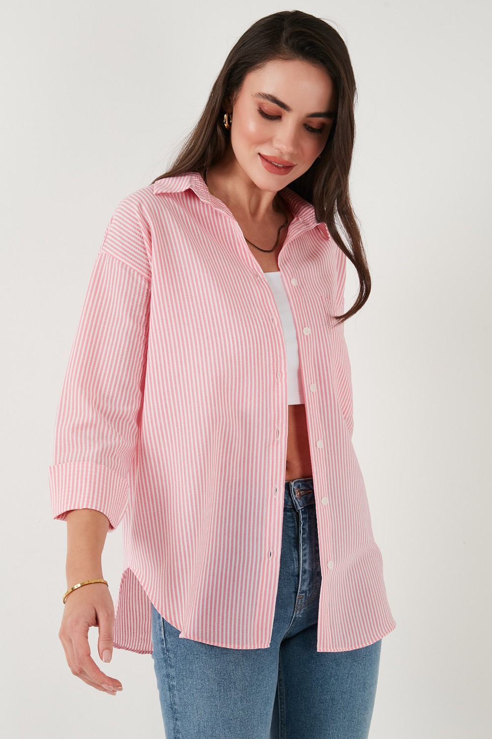 Lela Regular Fit Uzun Kollu Cepli Çizgili Gömlek Bayan Gömlek 6772895 görsel 3