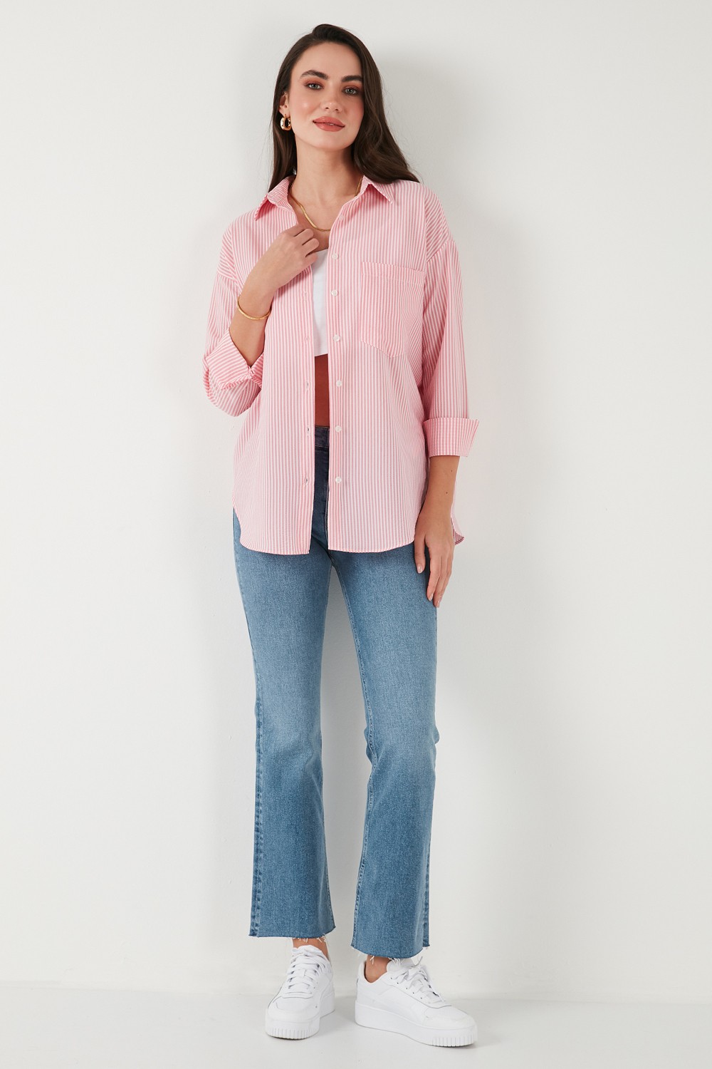 Lela Regular Fit Uzun Kollu Cepli Çizgili Gömlek Bayan Gömlek 6772895 görsel 4