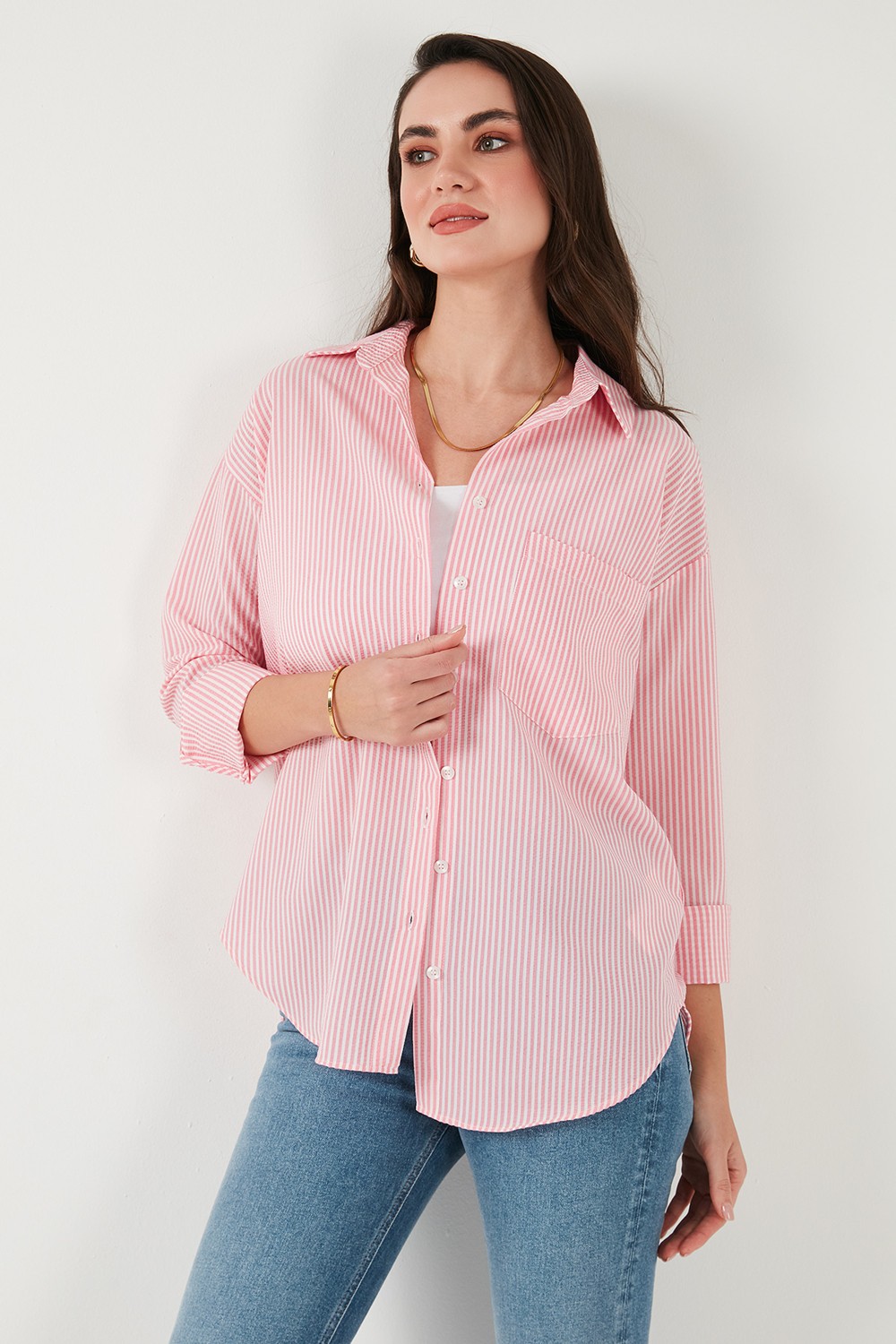 Lela Regular Fit Uzun Kollu Cepli Çizgili Gömlek Bayan Gömlek 6772895 görsel 5