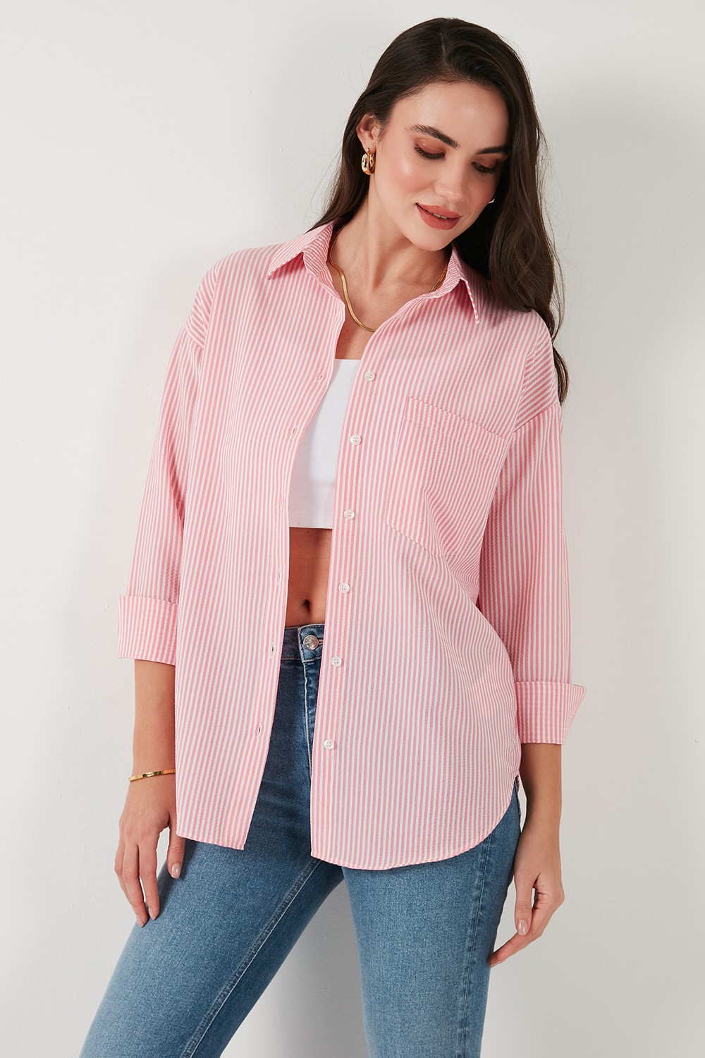Lela Regular Fit Uzun Kollu Cepli Çizgili Gömlek Bayan Gömlek 6772895 görsel 6
