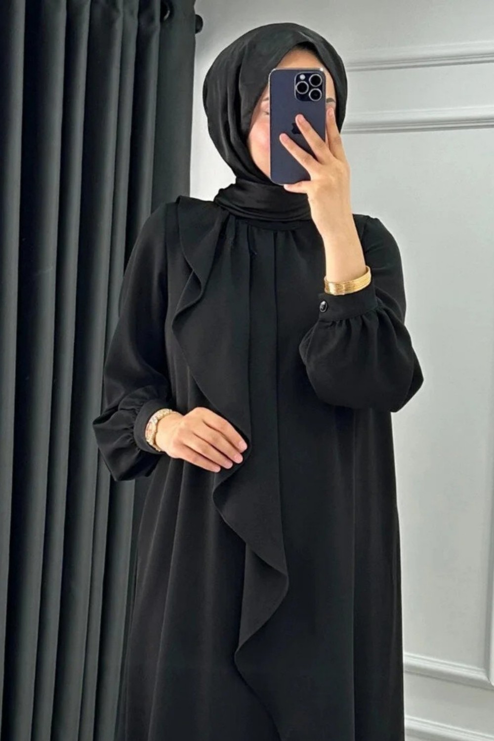 Tesettür Diyarı Mihri Krep Kumaş Volanlı Tesettür Elbise- Bej görsel 5