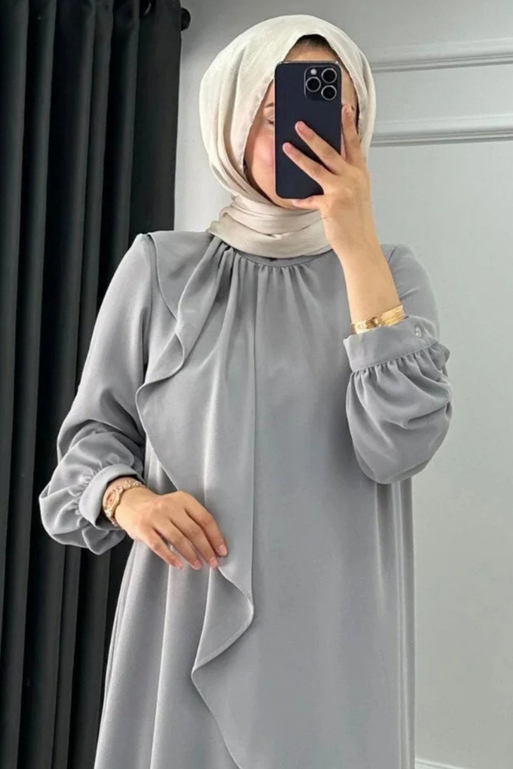 Tesettür Diyarı Mihri Krep Kumaş Volanlı Tesettür Elbise- Bej görsel 8