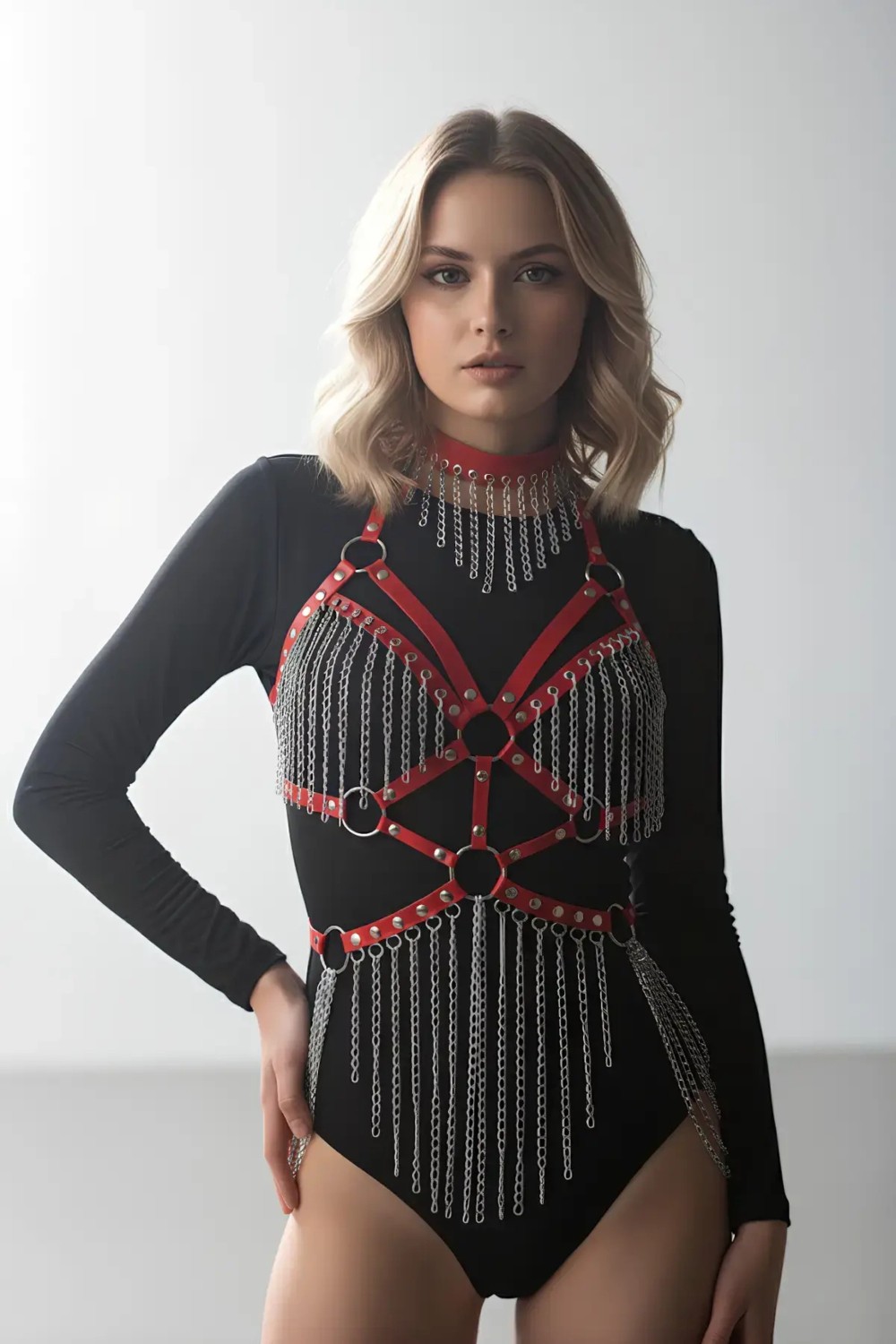 MTM My The Mall Giyim Kırmızı Body Harness Kadın Deri Zincir Detaylı Vücut Aksesuarı - BRF1397 görsel 3