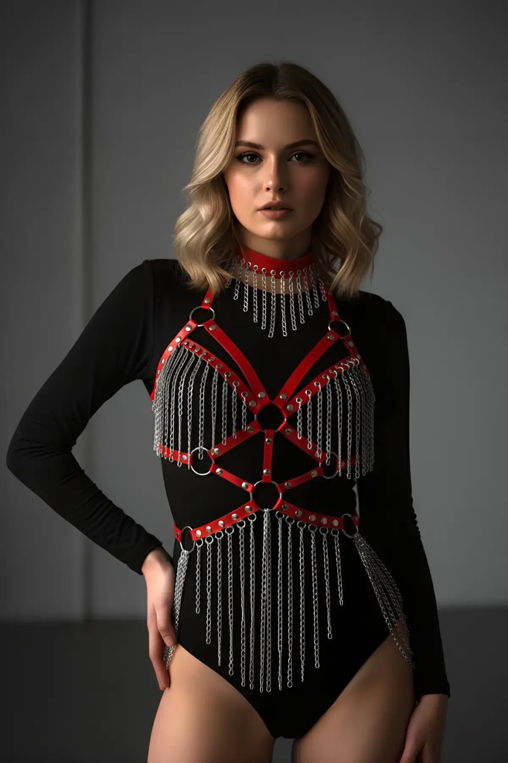 MTM My The Mall Giyim Kırmızı Body Harness Kadın Deri Zincir Detaylı Vücut Aksesuarı - BRF1397 görsel 6