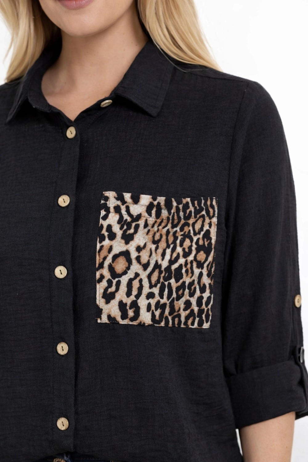 Moda Berray 1675-SİYAH KOLU APOLETLİ LEOPAR CEP DETAYLI KETEN GÖMLEK görsel 2