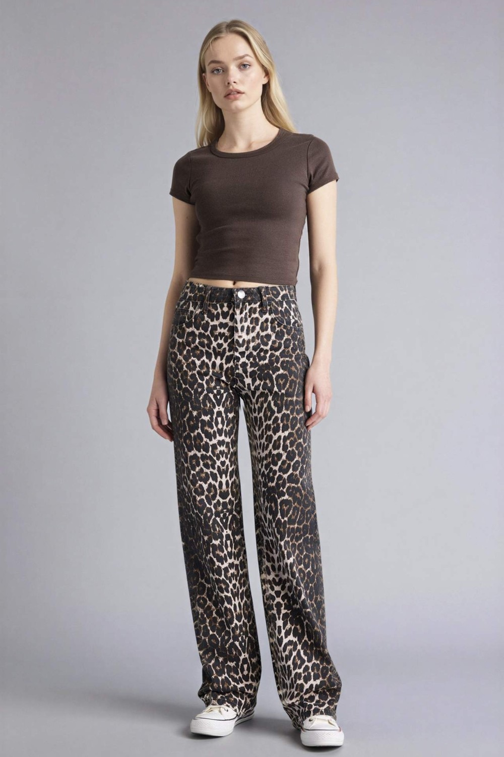 DeFacto Straight Fit Yüksek Bel Leopar Desenli Gabardin Pantolon D1229AX26SP