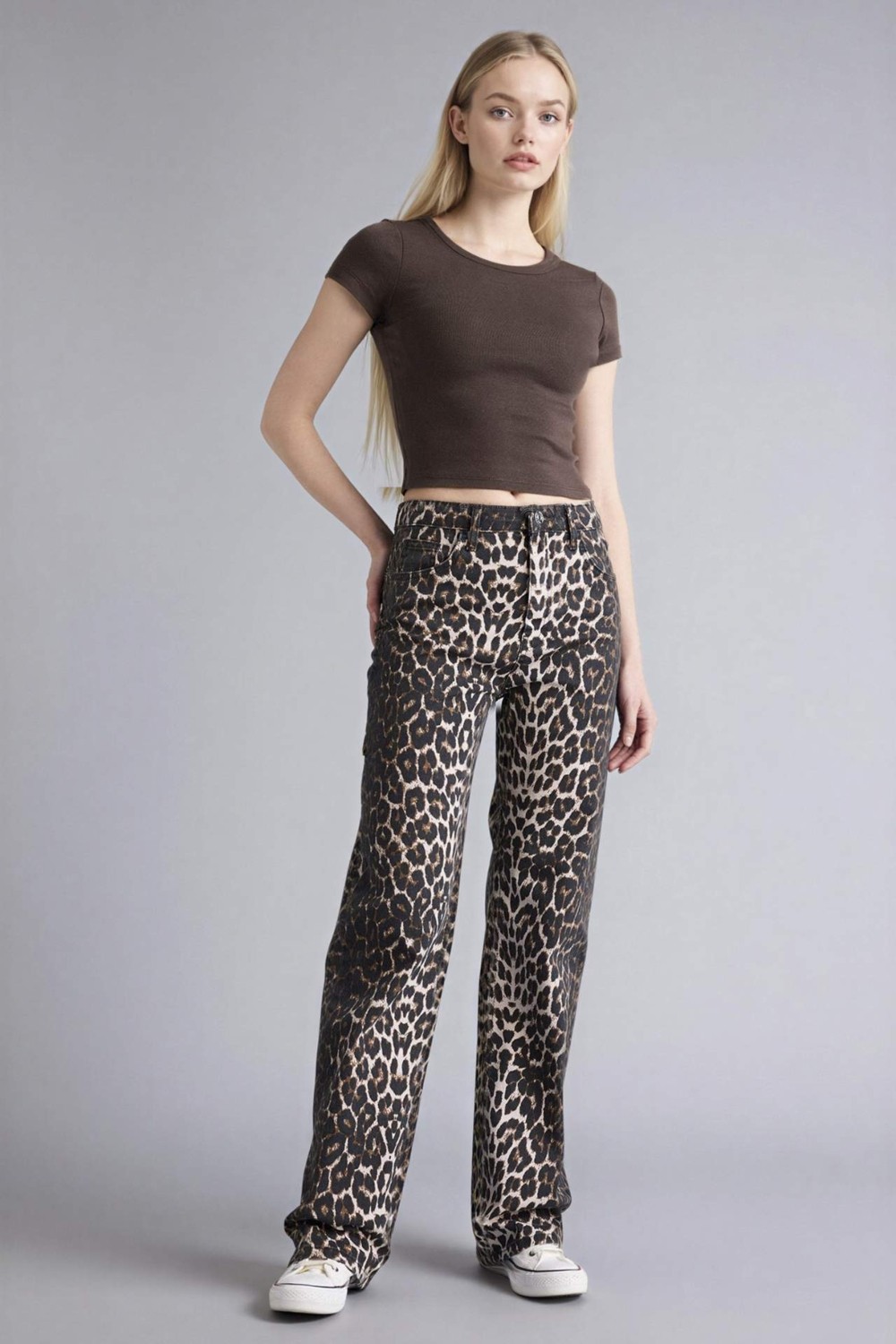 DeFacto Straight Fit Yüksek Bel Leopar Desenli Gabardin Pantolon D1229AX26SP görsel 2