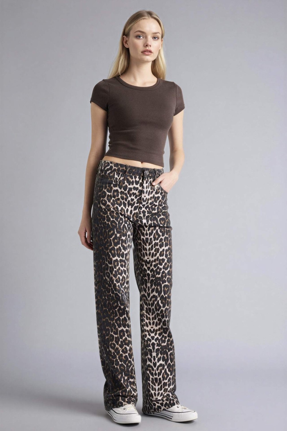 DeFacto Straight Fit Yüksek Bel Leopar Desenli Gabardin Pantolon D1229AX26SP görsel 3