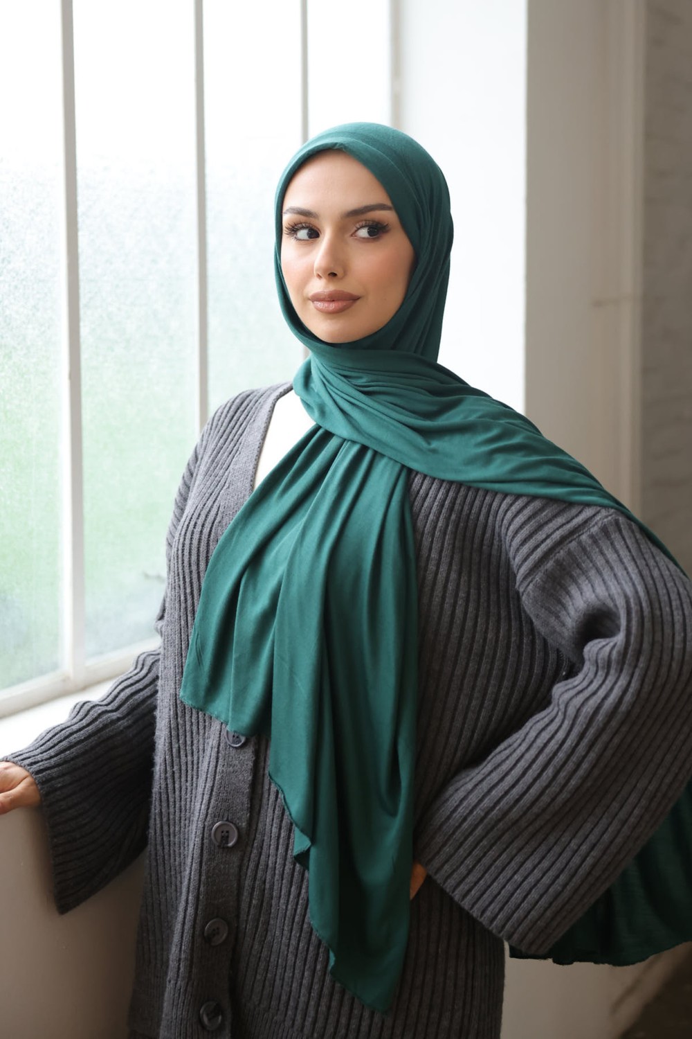İmaj Butik Koyu Yeşil Helen Önü Süngerli Pratik Penye Şal
