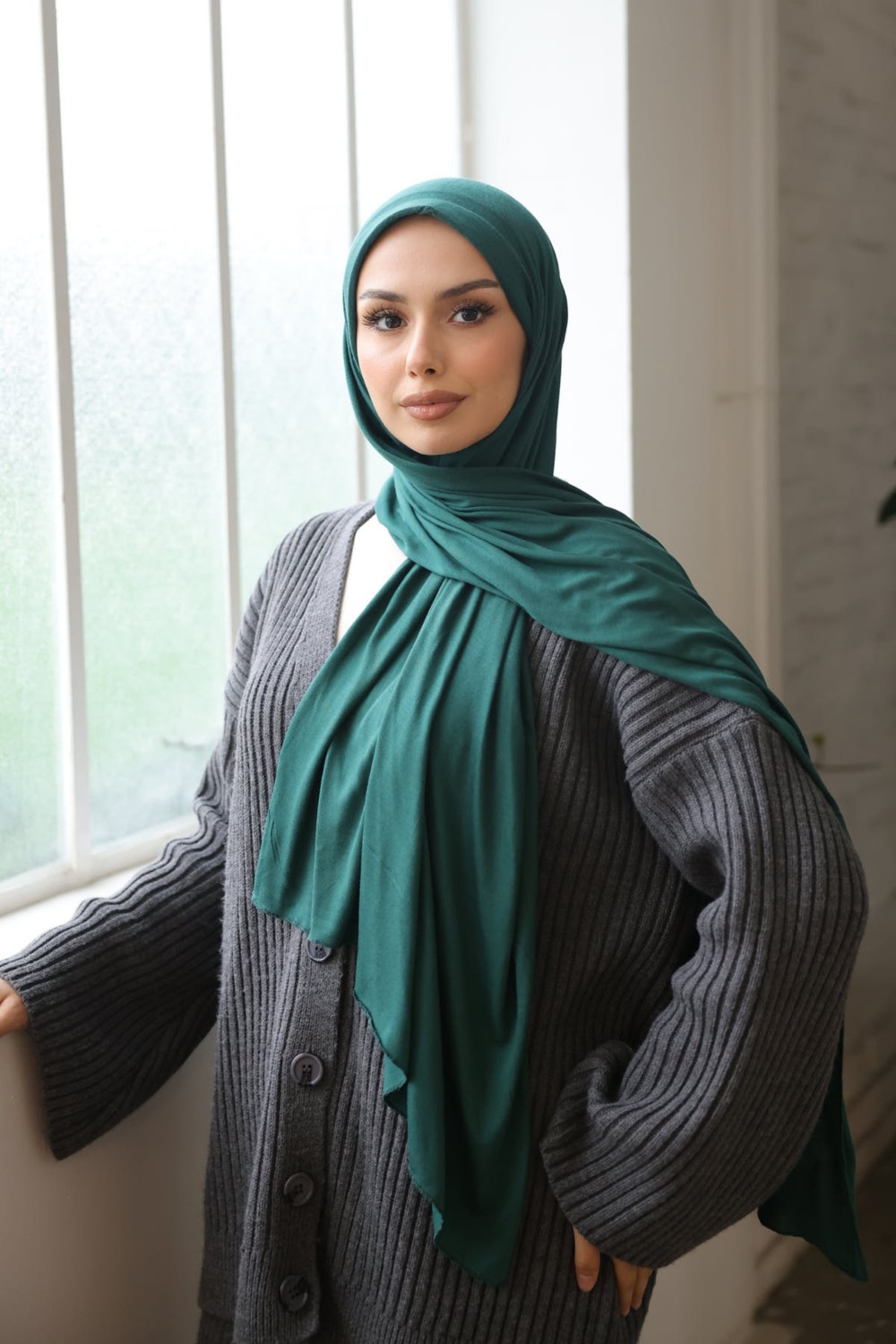 İmaj Butik Koyu Yeşil Helen Önü Süngerli Pratik Penye Şal görsel 2