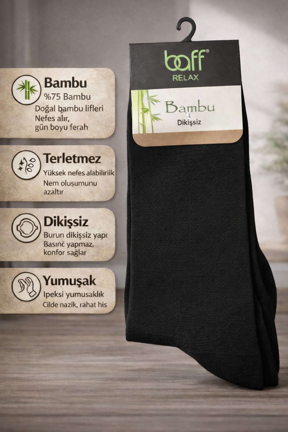 Baff Siyah 10'lu Bambu Erkek Çorap görsel 3