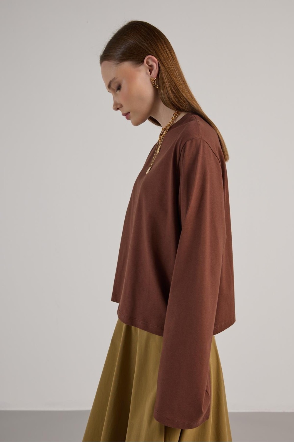 Minaaise Kadın Lacivert Geniş Kol Oversize Kısa Basic T-Shirt 30059 görsel 4