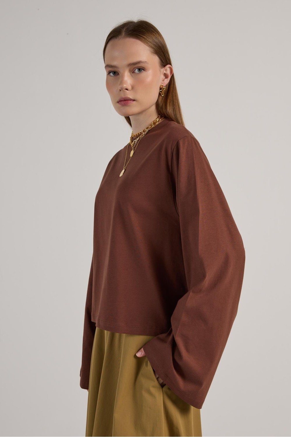 Minaaise Kadın Lacivert Geniş Kol Oversize Kısa Basic T-Shirt 30059 görsel 5