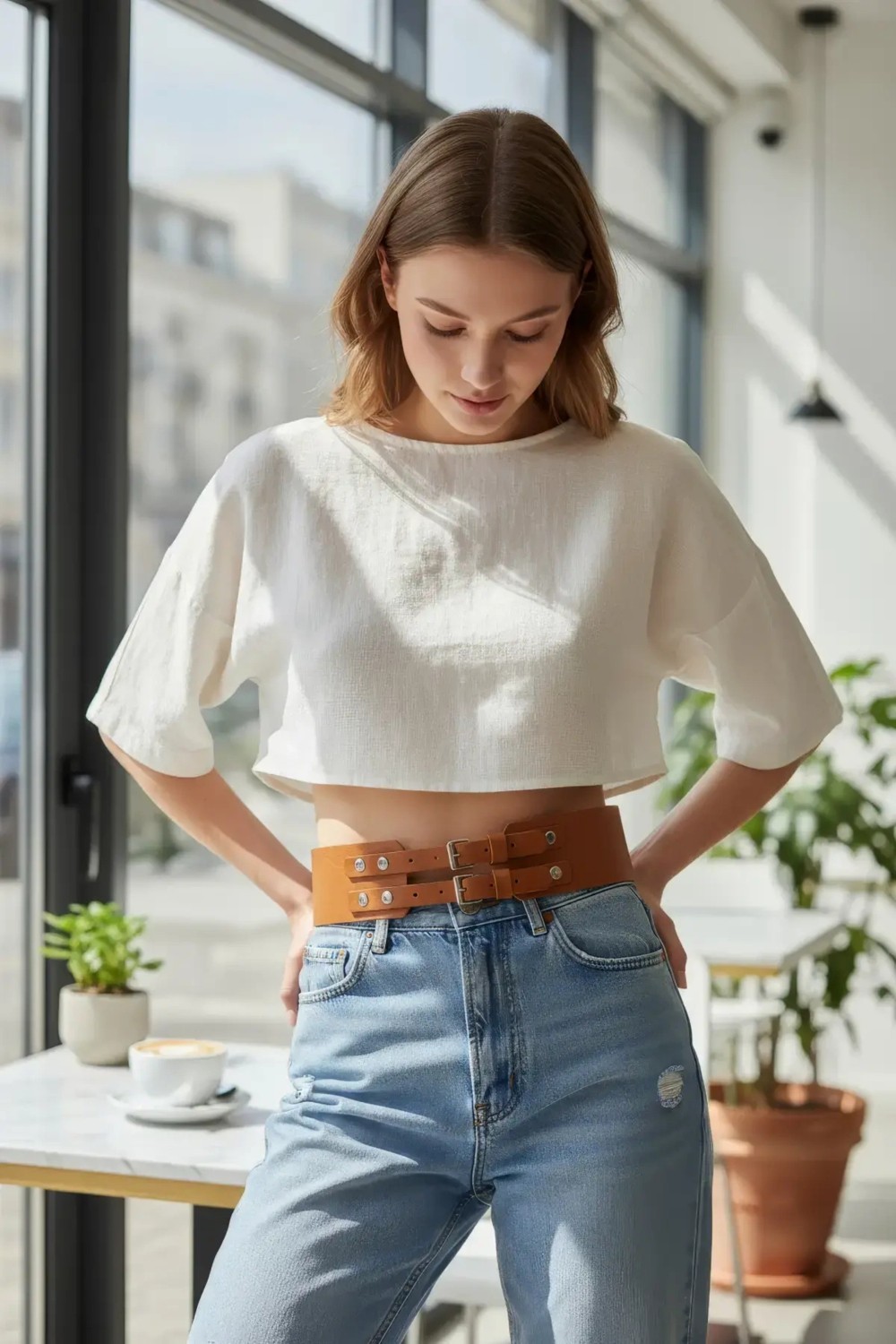 Moda Şahsenem Taba Kadın Kemer Kalın Çift Tokalı Bel Aksesuarı - BRF1203 görsel 4