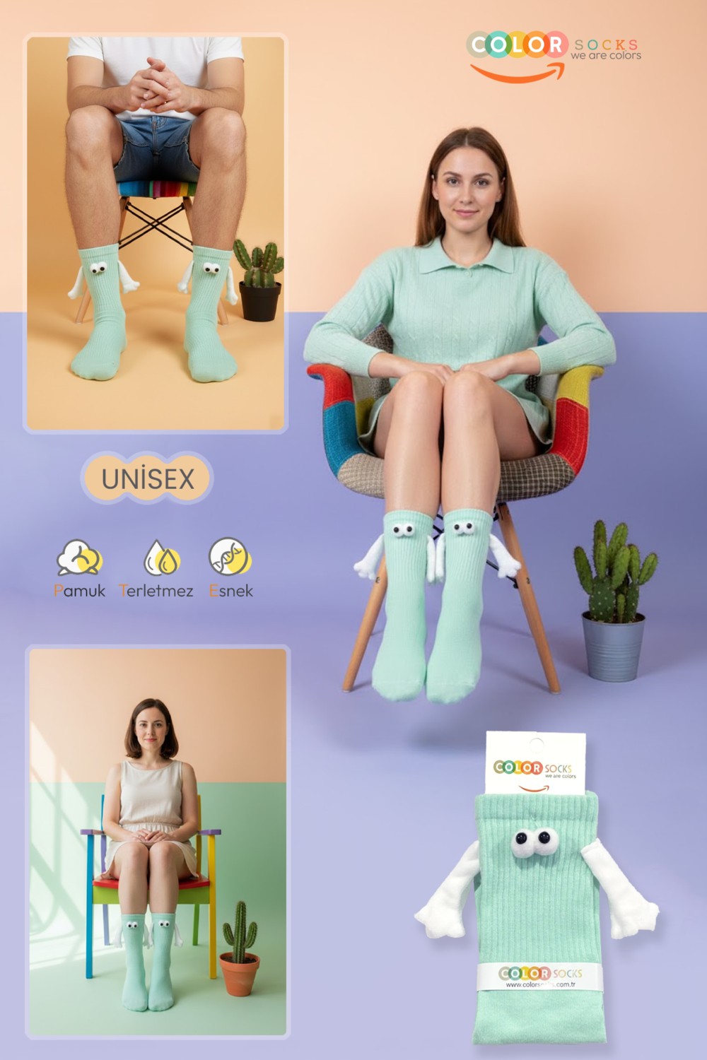 Color Socks Pembe El Ele Tutuşan Gözlü Mıknatıslı Soket Çorap Seti Düz Desenli Unisex