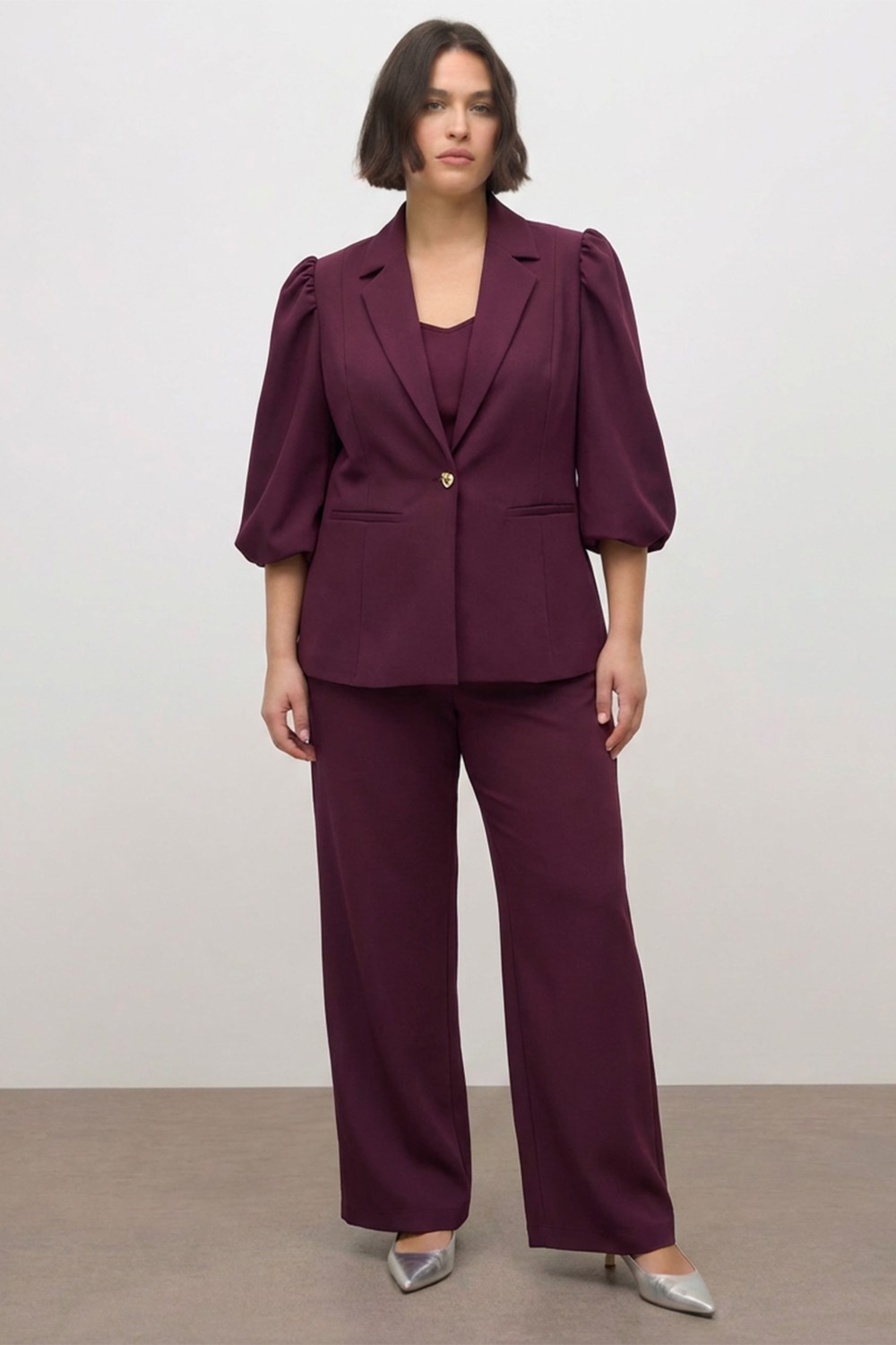 Myline Kadın Astarlı Balon Kol Ceket Düz Polyester Kumaş ile Şık Bordo Renkli Tasarım