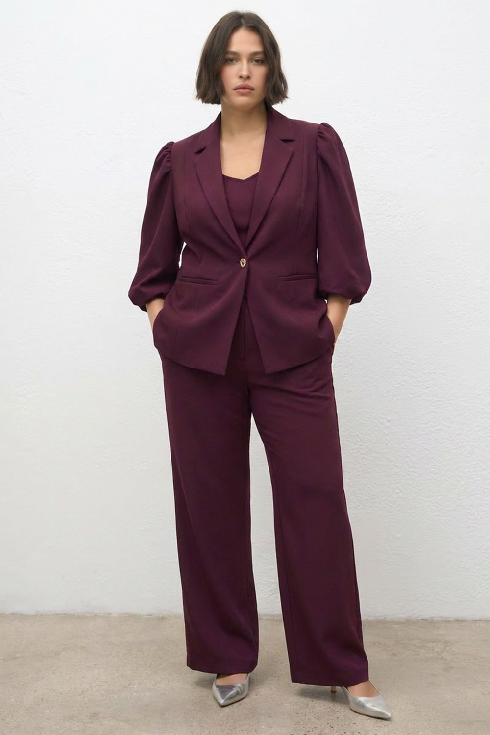 Myline Kadın Astarlı Balon Kol Ceket Düz Polyester Kumaş ile Şık Bordo Renkli Tasarım görsel 2