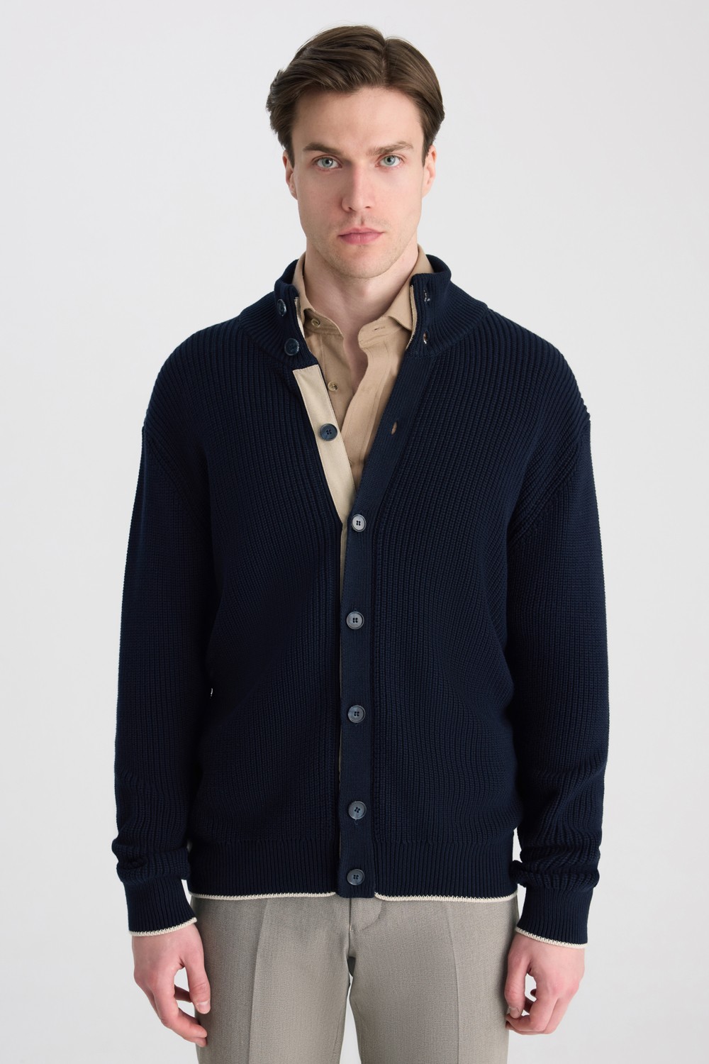 D'S Damat Regular Fit Lacivert Düğmeli Hırka Modern Stil Tekstil Kumaş Düz Desen