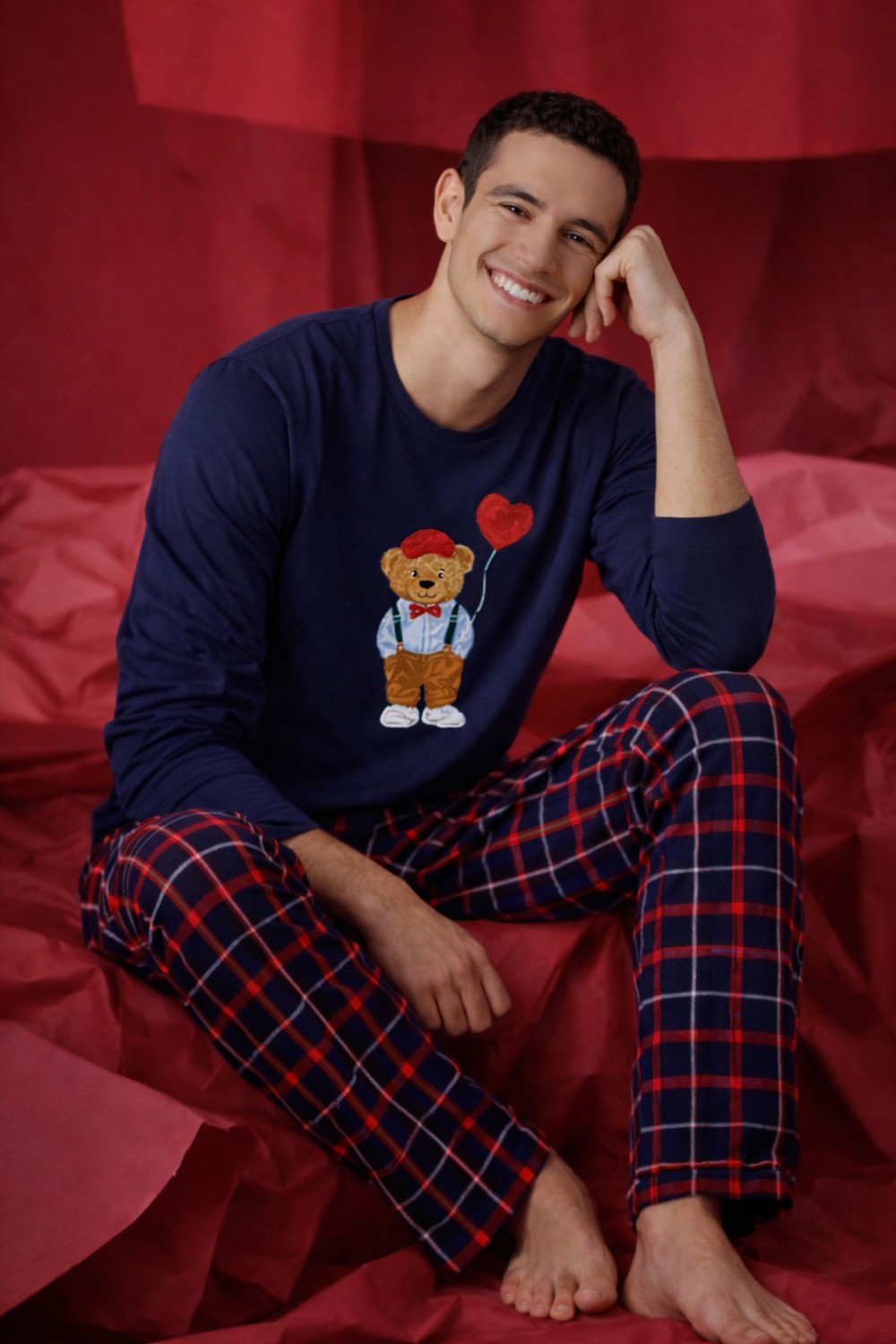 Koza İç Giyim Erkek Pamuklu Ayıcık Baskılı Ekose Desenli Pijama Takımı