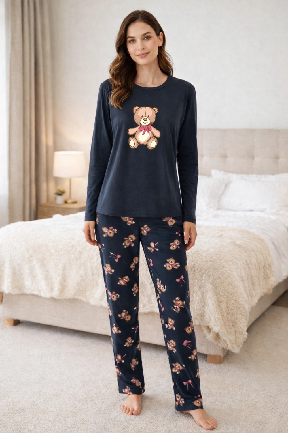 Koza İç Giyim Kadın Pamuklu Ayıcıklı Pijama Takımı Kahverengi Füme Sevimli Desenli Konfor