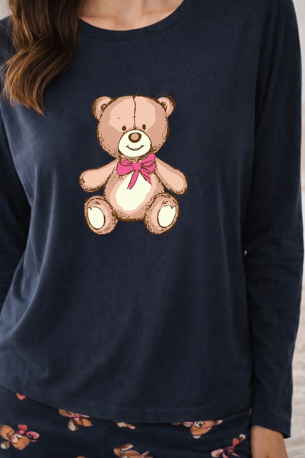 Koza İç Giyim Kadın Pamuklu Ayıcıklı Pijama Takımı Kahverengi Füme Sevimli Desenli Konfor görsel 3