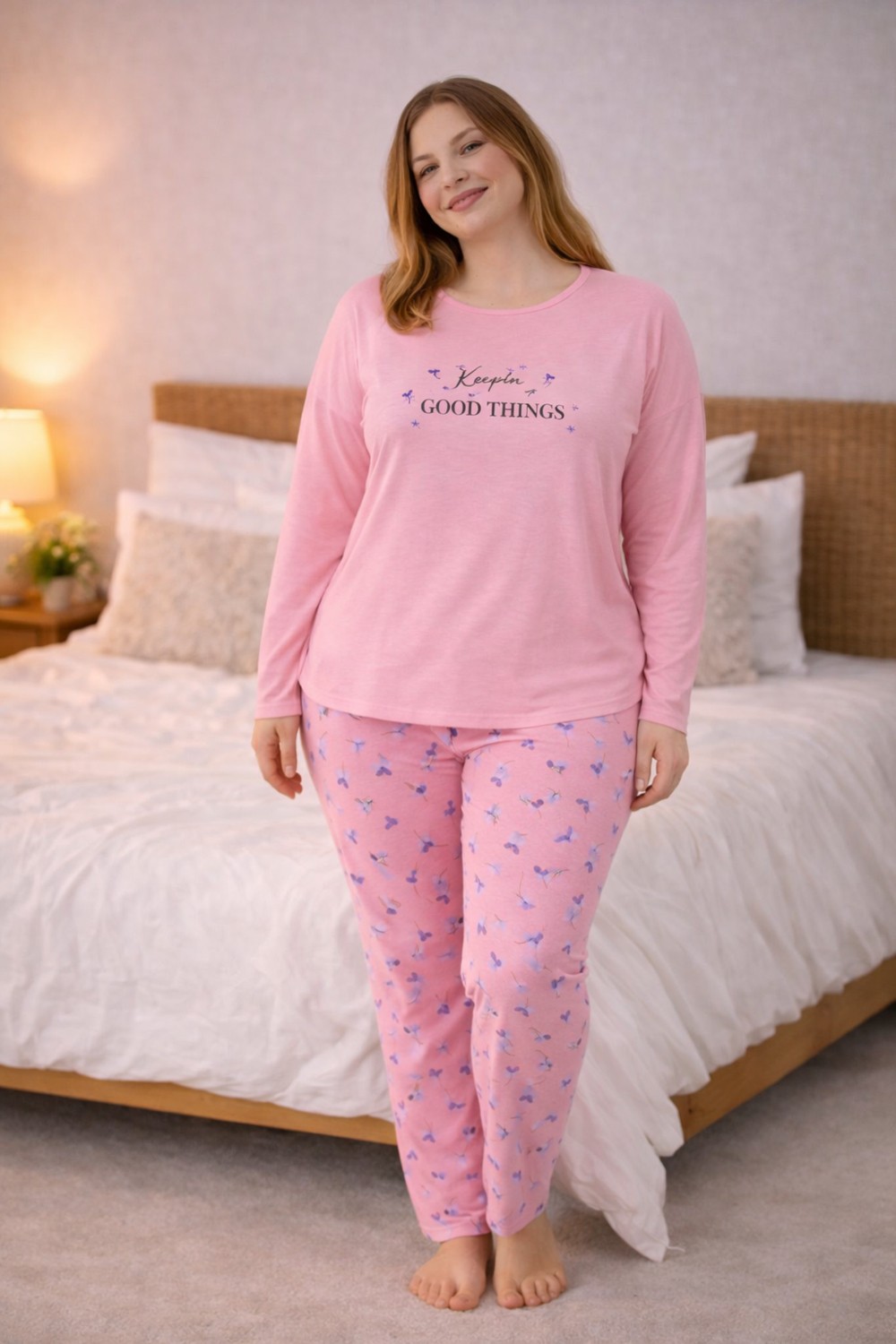 Nisanca Kadın Büyük Beden Uzun Kollu Rahat Pijama Takımı, Yumuşak Dokulu Konforlu Ev Giyimi görsel 6