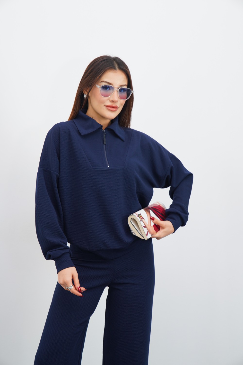 Dı Loria Kadın Siyah Renk Eşofman Takım Oversize Fermuarlı Sweatshirt Pantolon