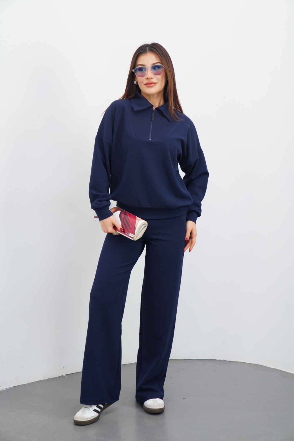 Dı Loria Kadın Siyah Renk Eşofman Takım Oversize Fermuarlı Sweatshirt Pantolon görsel 2