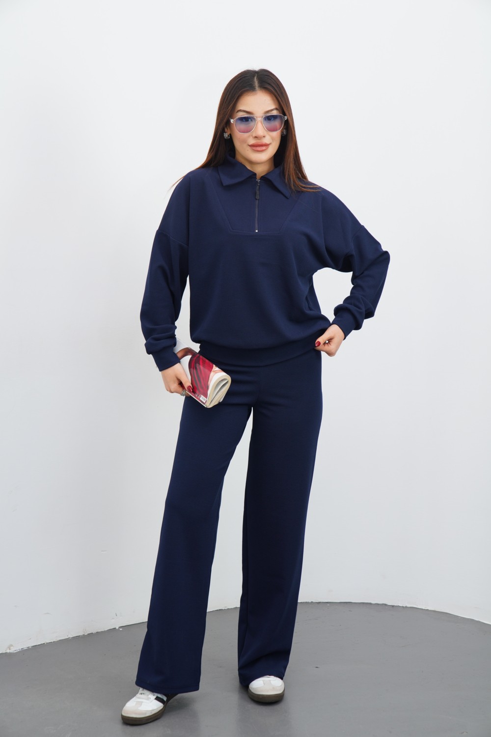 Dı Loria Kadın Siyah Renk Eşofman Takım Oversize Fermuarlı Sweatshirt Pantolon görsel 3
