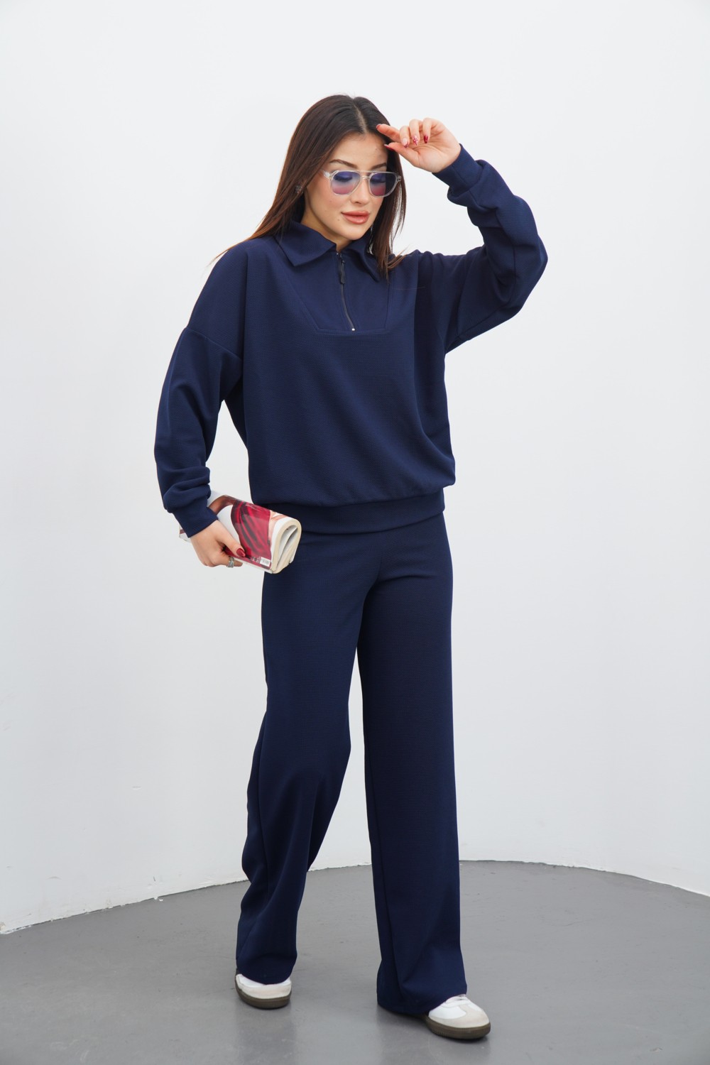 Dı Loria Kadın Siyah Renk Eşofman Takım Oversize Fermuarlı Sweatshirt Pantolon görsel 7
