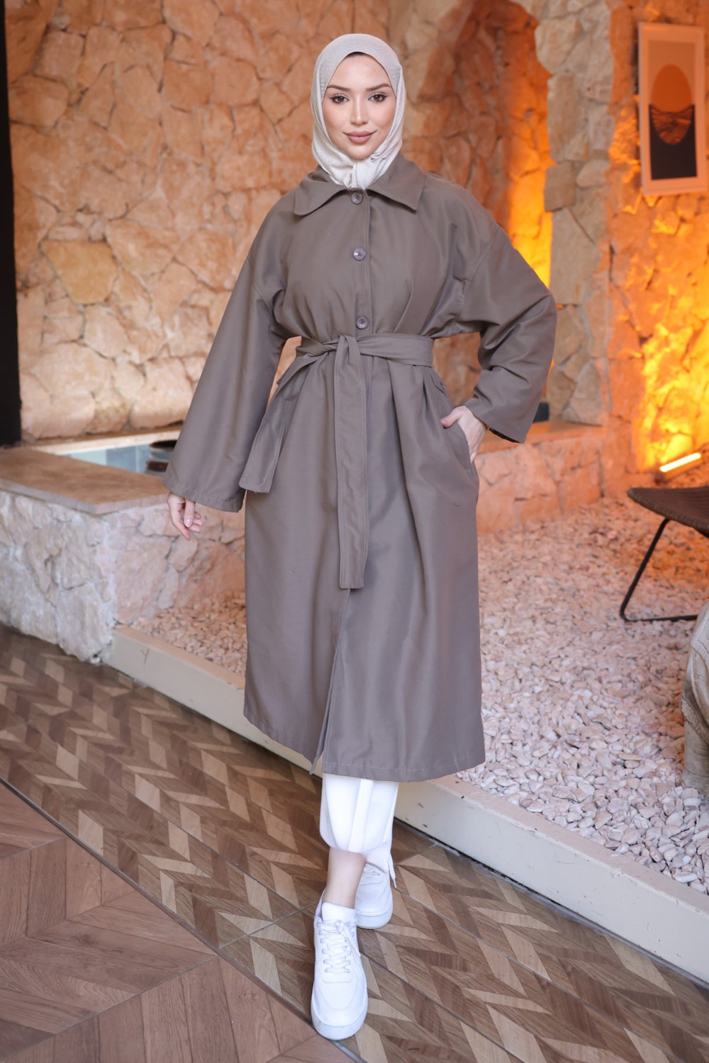 İmaj Butik Taş Düğme Detaylı Oversize Gabardin Trençkot