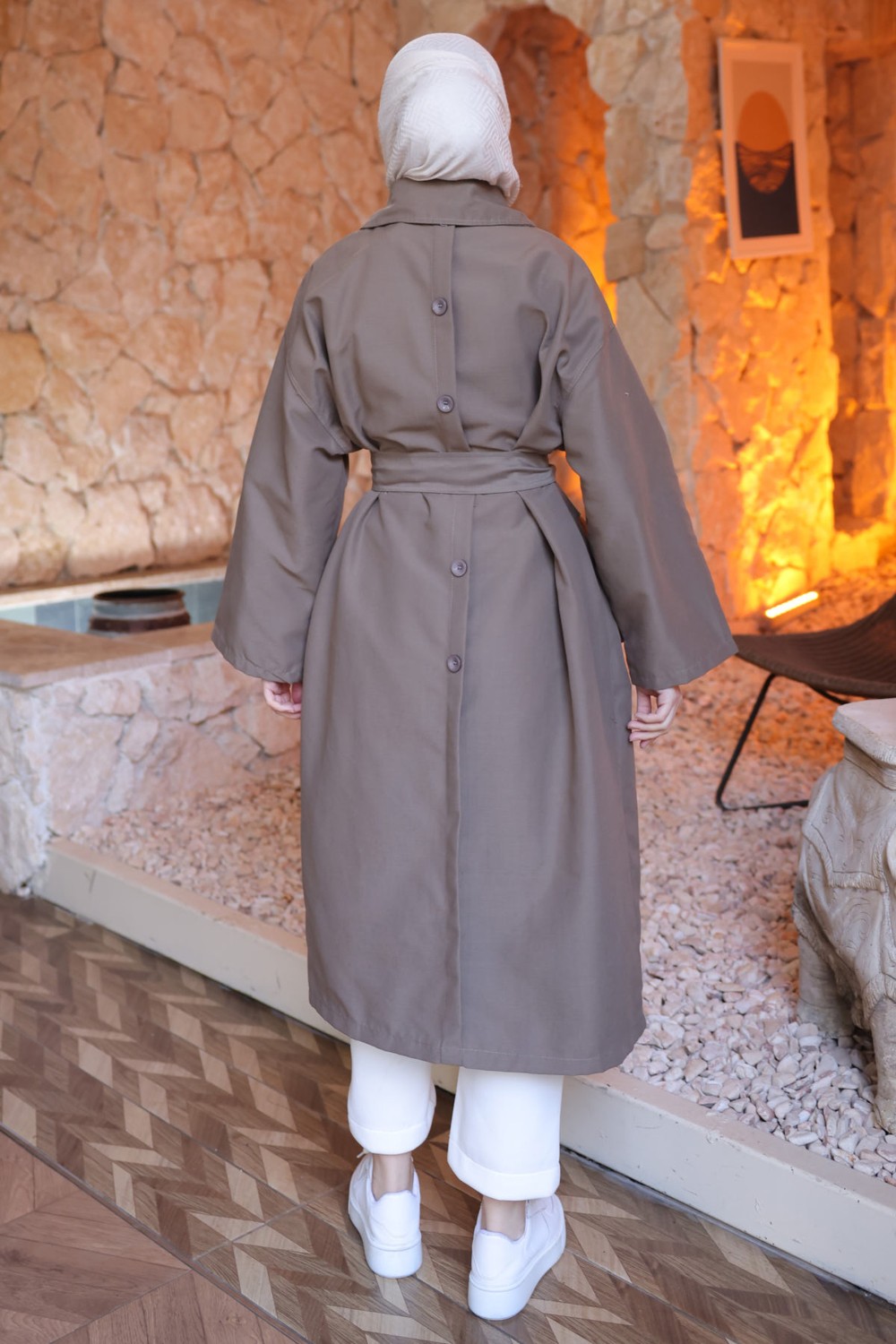 İmaj Butik Taş Düğme Detaylı Oversize Gabardin Trençkot görsel 2