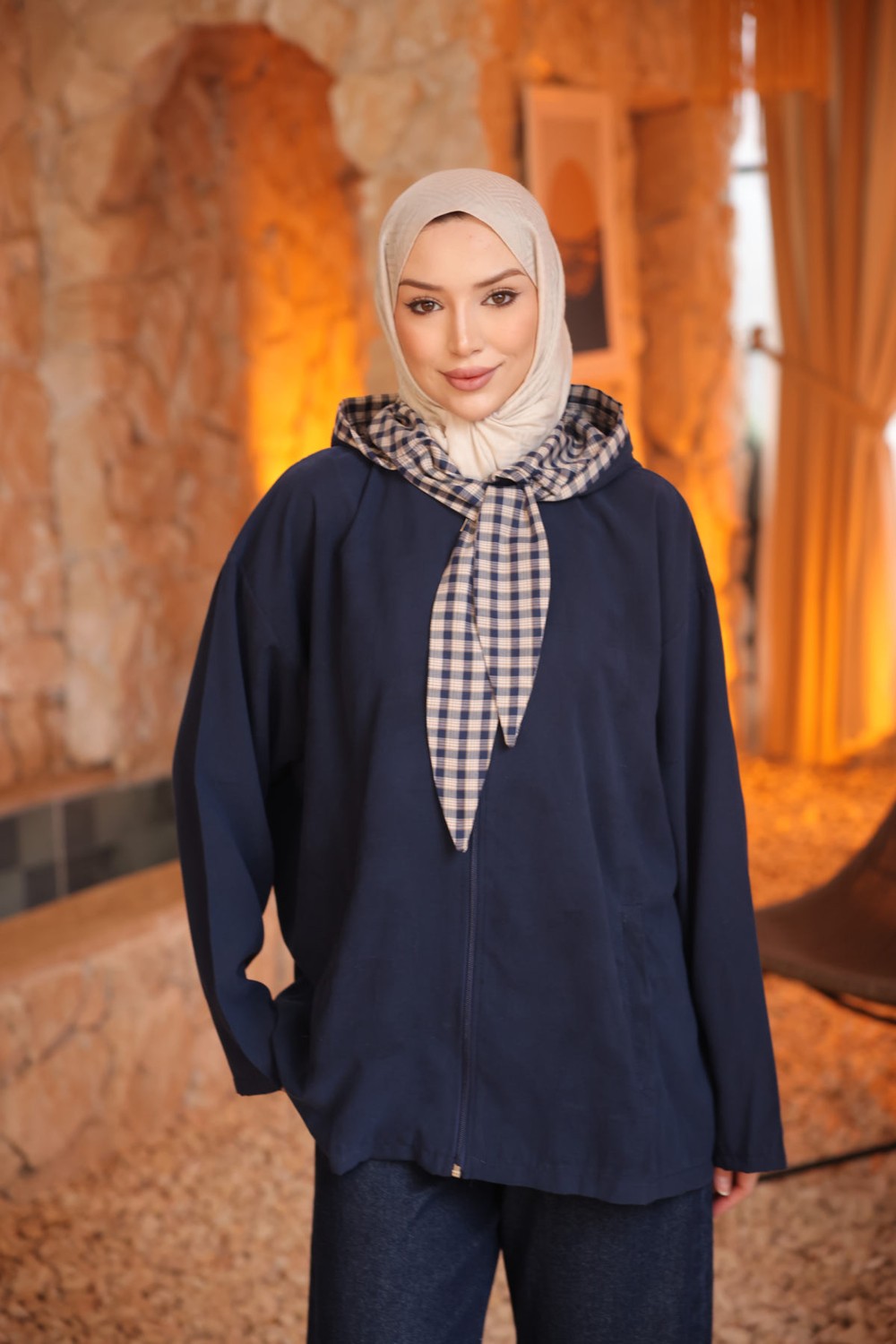 İmaj Butik Lacivert Ekose Bağlamalı Kapüşonlu Ceket