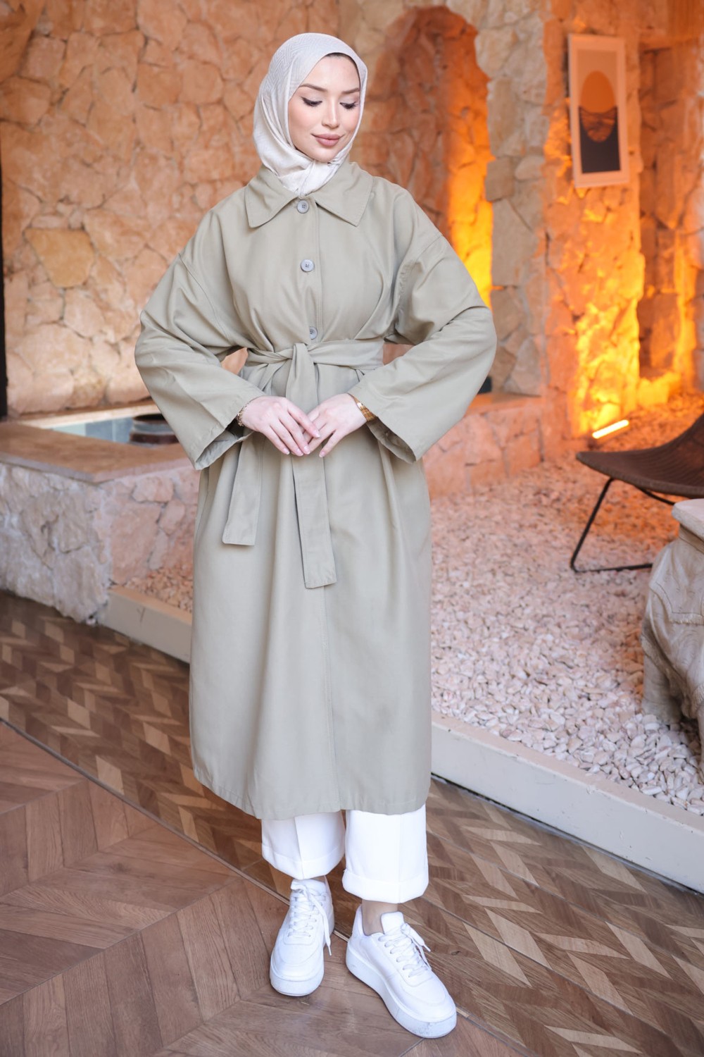 İmaj Butik Taş Düğme Detaylı Oversize Gabardin Trençkot görsel 7