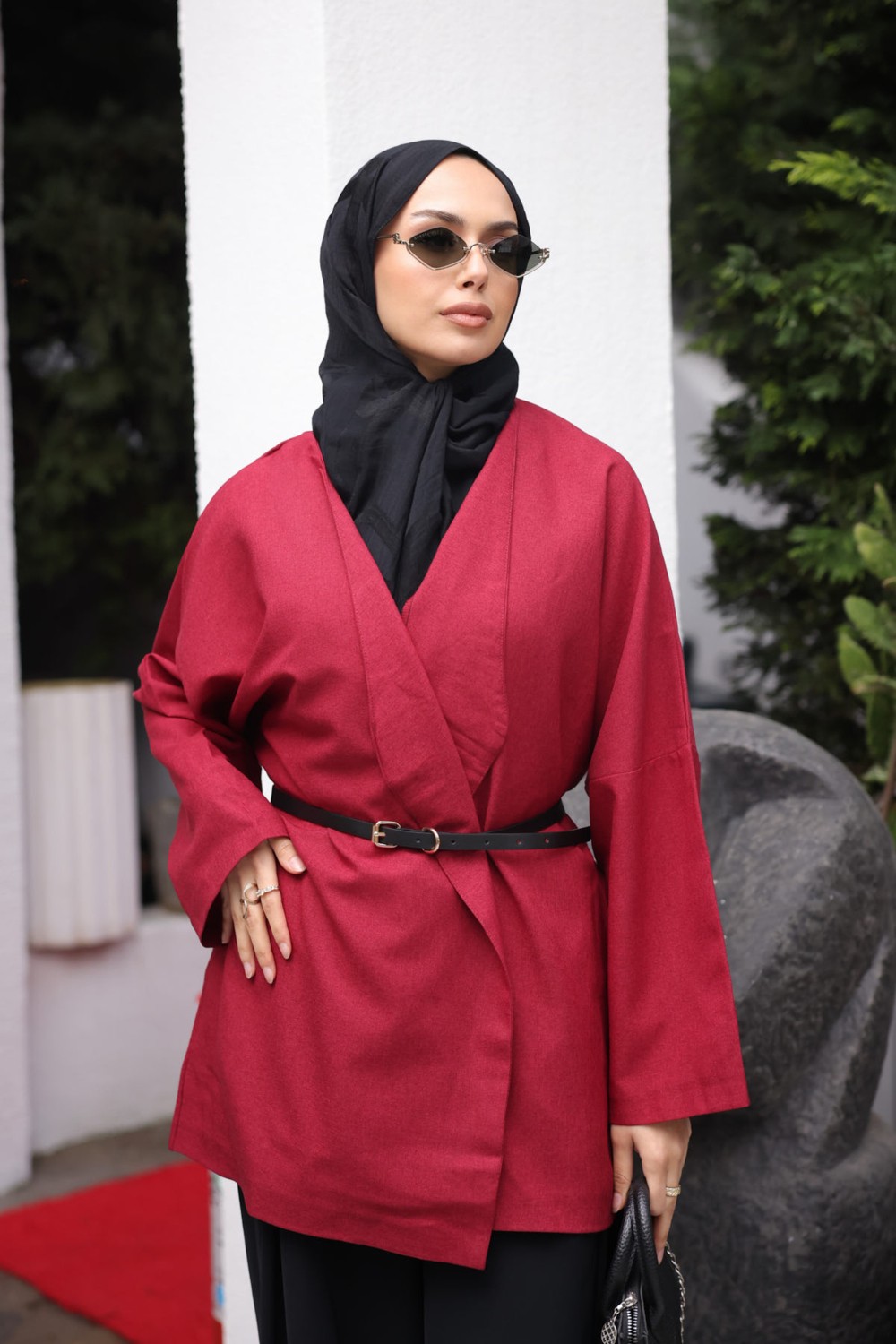 İmaj Butik Lacivert Kemerli Kruvaze Yaka Salaş Ceket