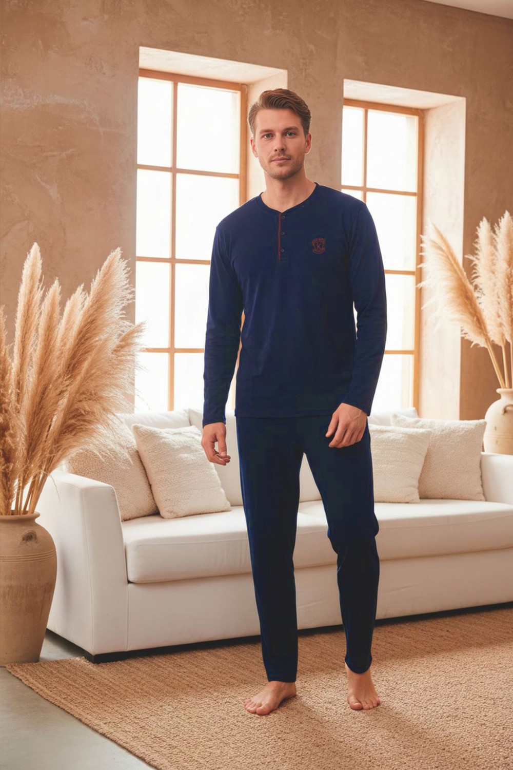 Kompedan Erkek Uzun Kollu 4 Mevsim Penye Süprem Önü Patlı Pijama Takımı | Lacivert 802