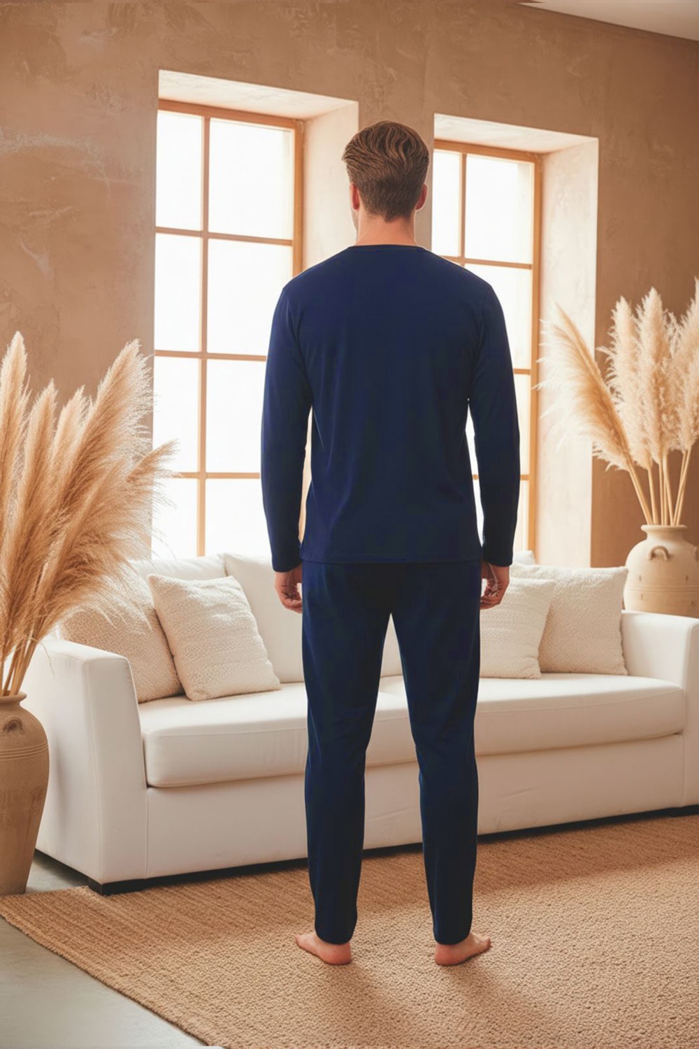 Kompedan Erkek Uzun Kollu 4 Mevsim Penye Süprem Önü Patlı Pijama Takımı | Lacivert 802 görsel 4
