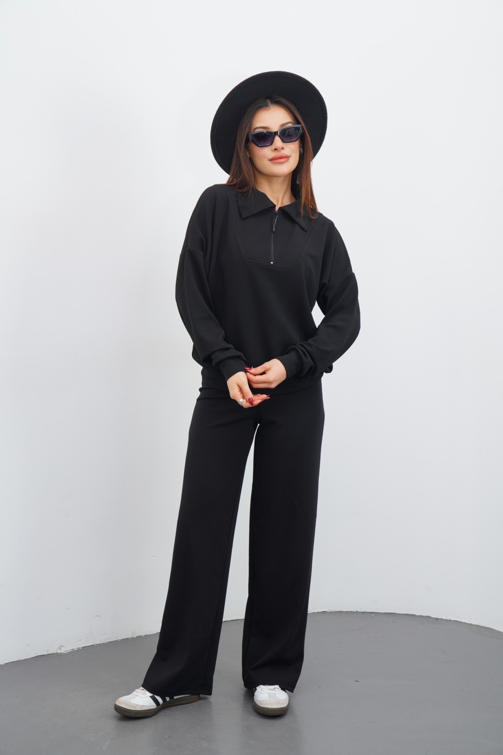 Dı Loria Kadın Siyah Renk Eşofman Takım Oversize Fermuarlı Sweatshirt Pantolon
