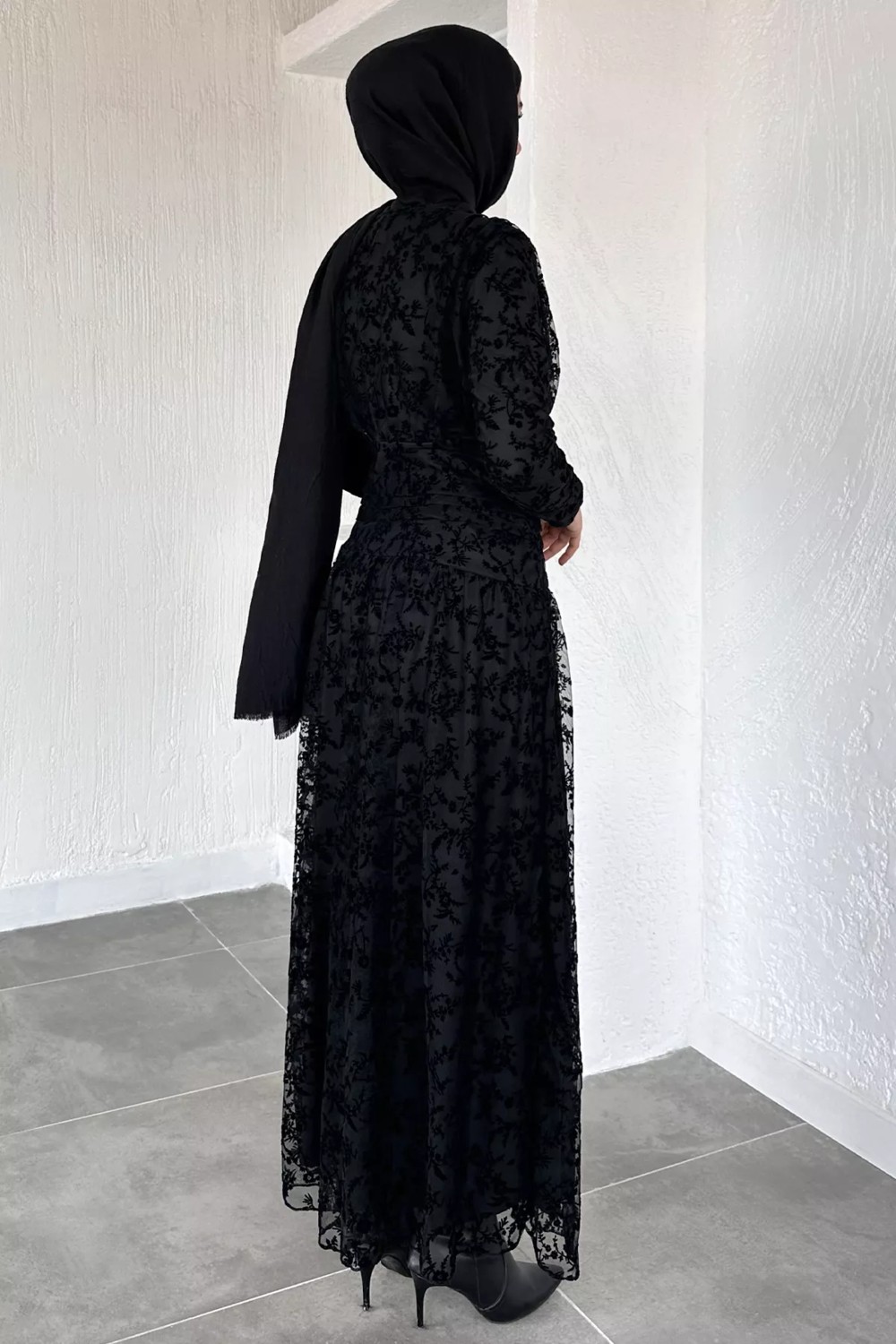 Julude Kadın Astarlı Flok Baskılı Tesettür Elbise P-00020410 görsel 4