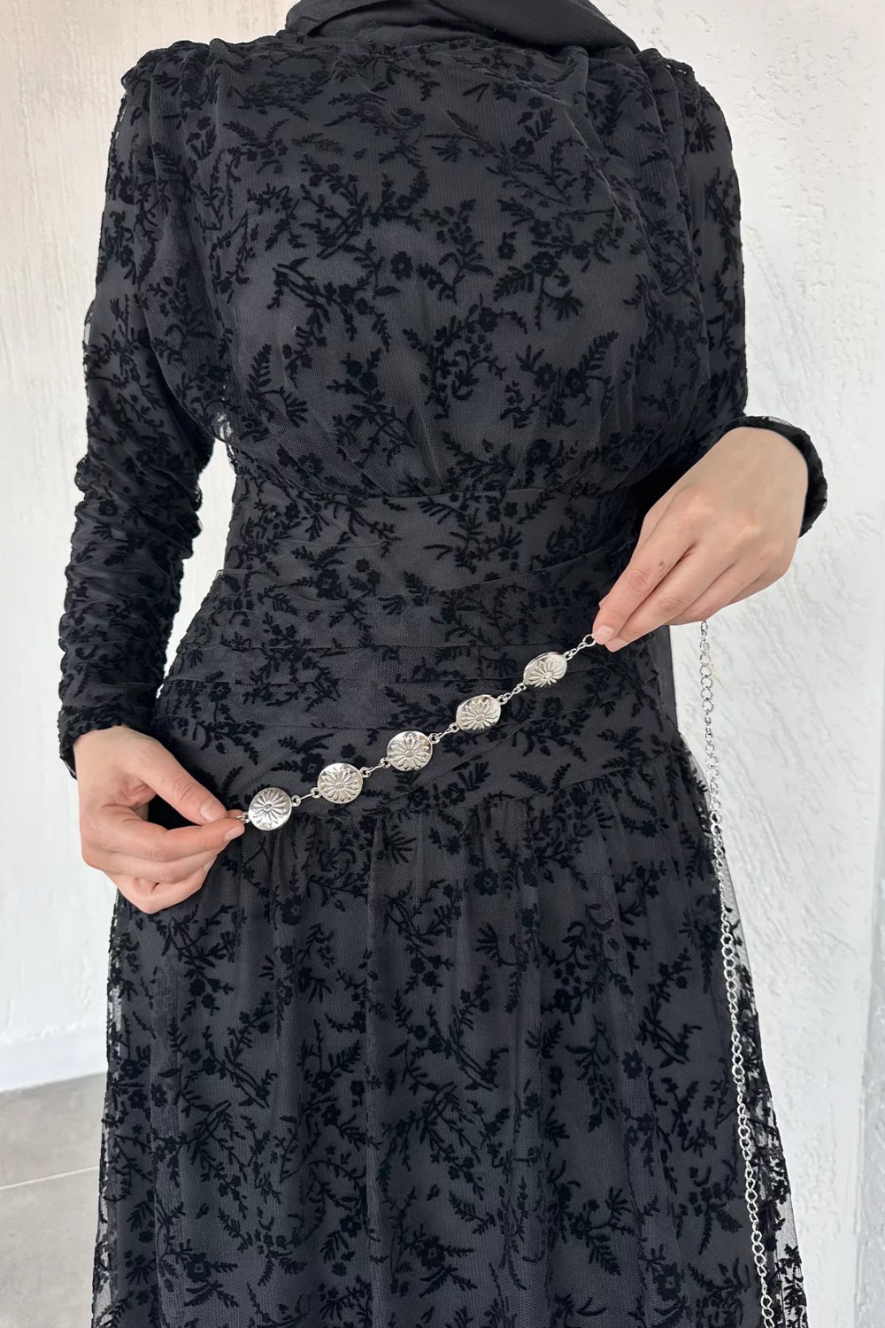 Julude Kadın Astarlı Flok Baskılı Tesettür Elbise P-00020410 görsel 5