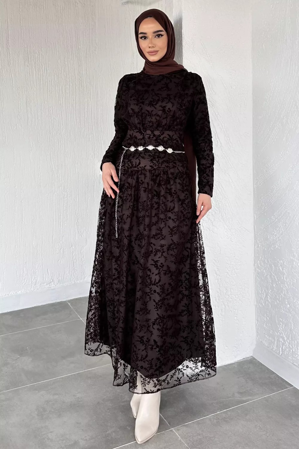 Julude Kadın Astarlı Flok Baskılı Tesettür Elbise P-00020410 görsel 6
