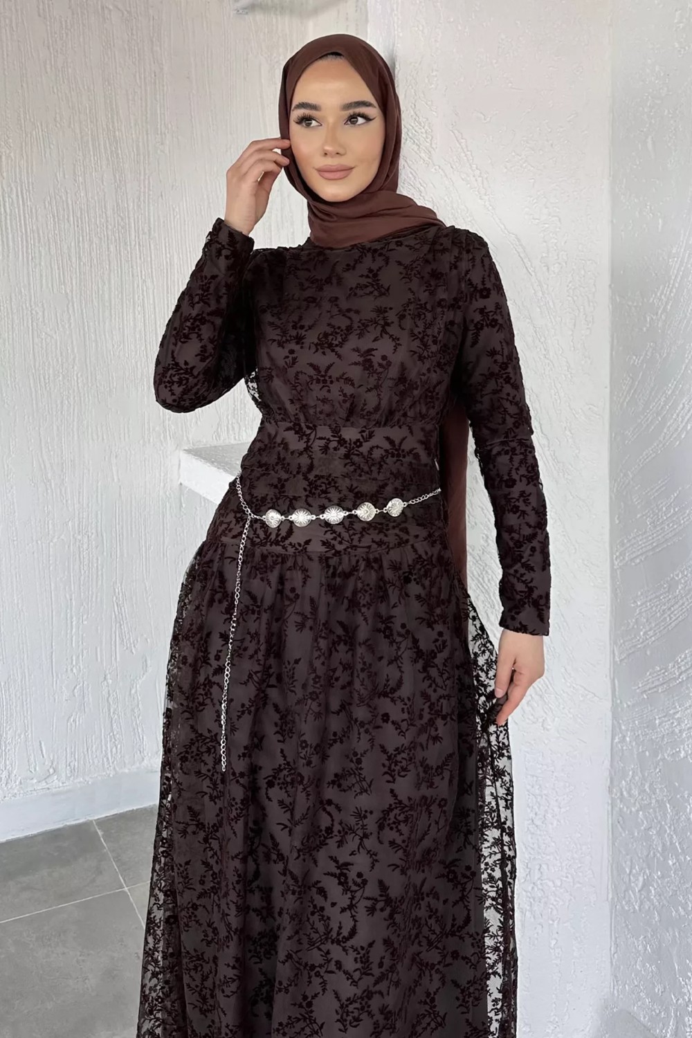 Julude Kadın Astarlı Flok Baskılı Tesettür Elbise P-00020410 görsel 7