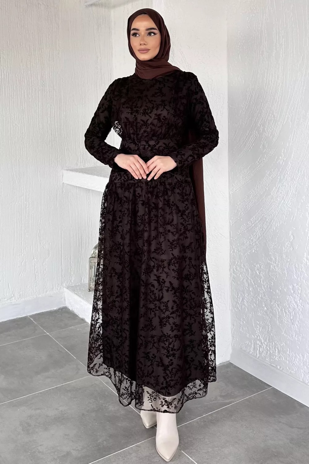 Julude Kadın Astarlı Flok Baskılı Tesettür Elbise P-00020410 görsel 8