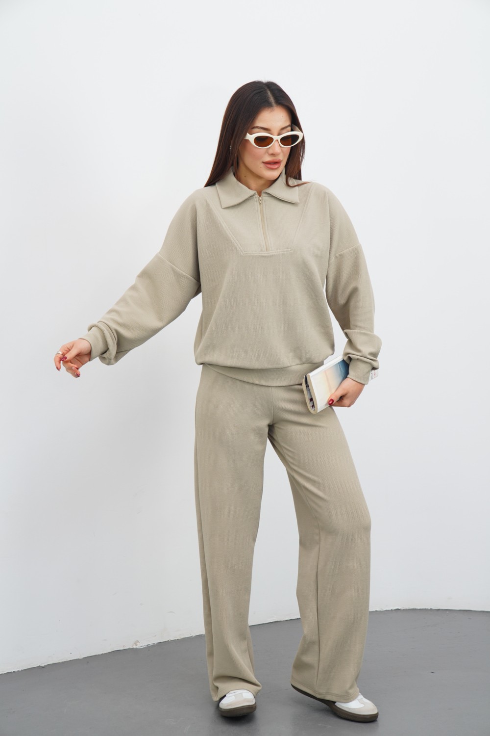 Dı Loria Kadın Siyah Renk Eşofman Takım Oversize Fermuarlı Sweatshirt Pantolon