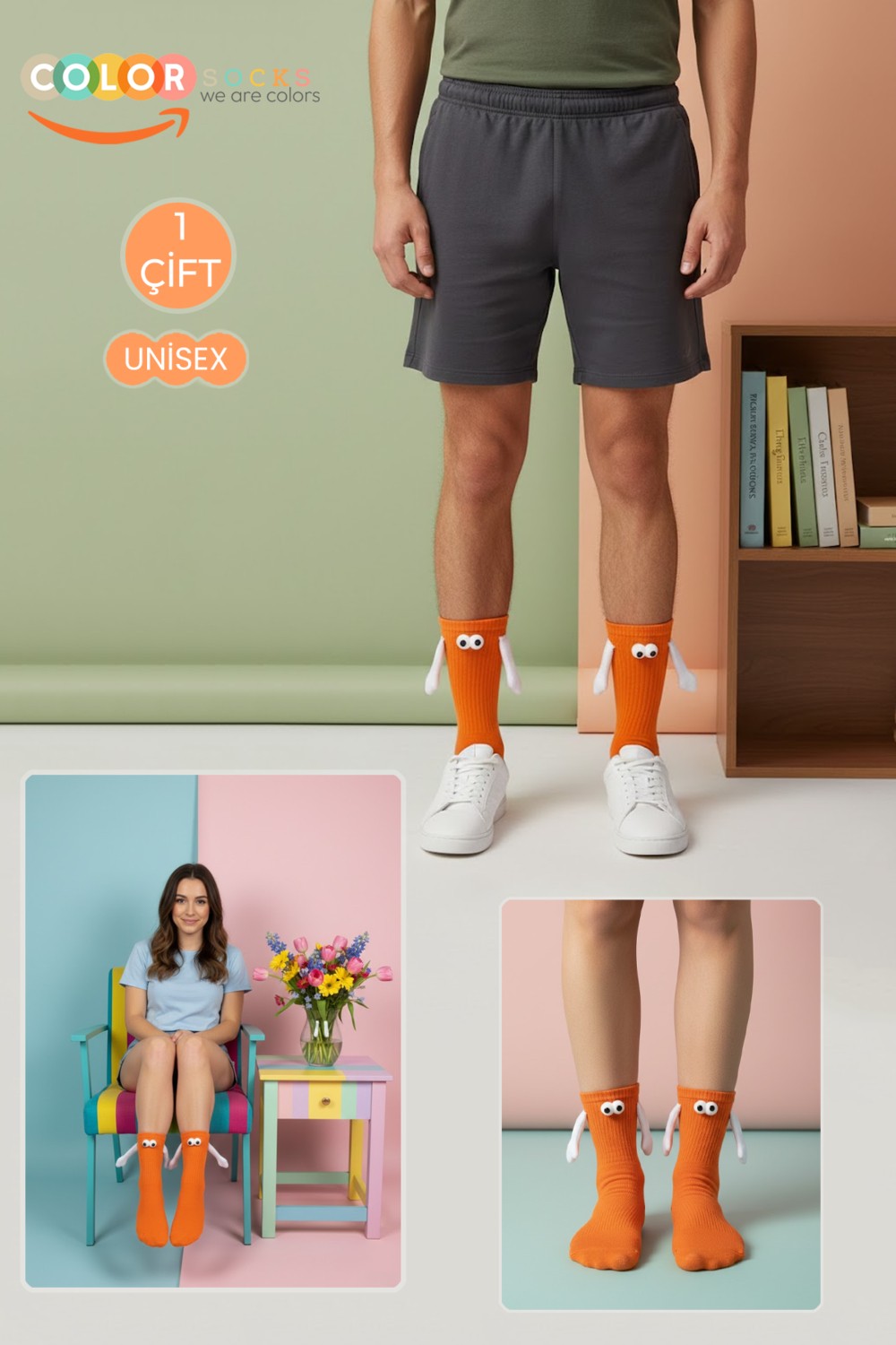Color Socks Pembe El Ele Tutuşan Gözlü Mıknatıslı Soket Çorap Seti Düz Desenli Unisex