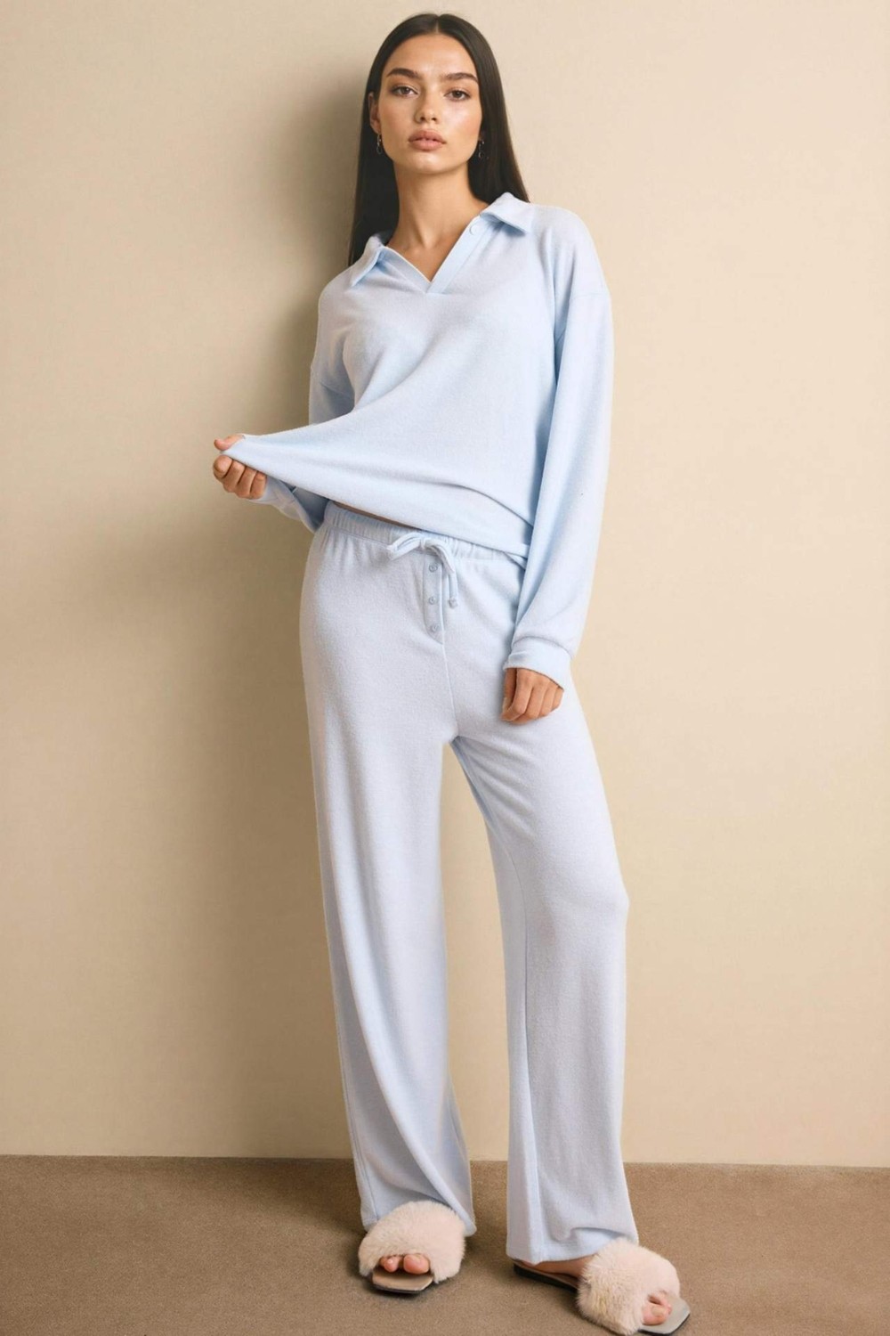 DeFacto Regular Fit Ultra Yumuşak Uzun Kollu Velur Üst Uzun Alt Pijama Takımı G1188AX26SP görsel 2