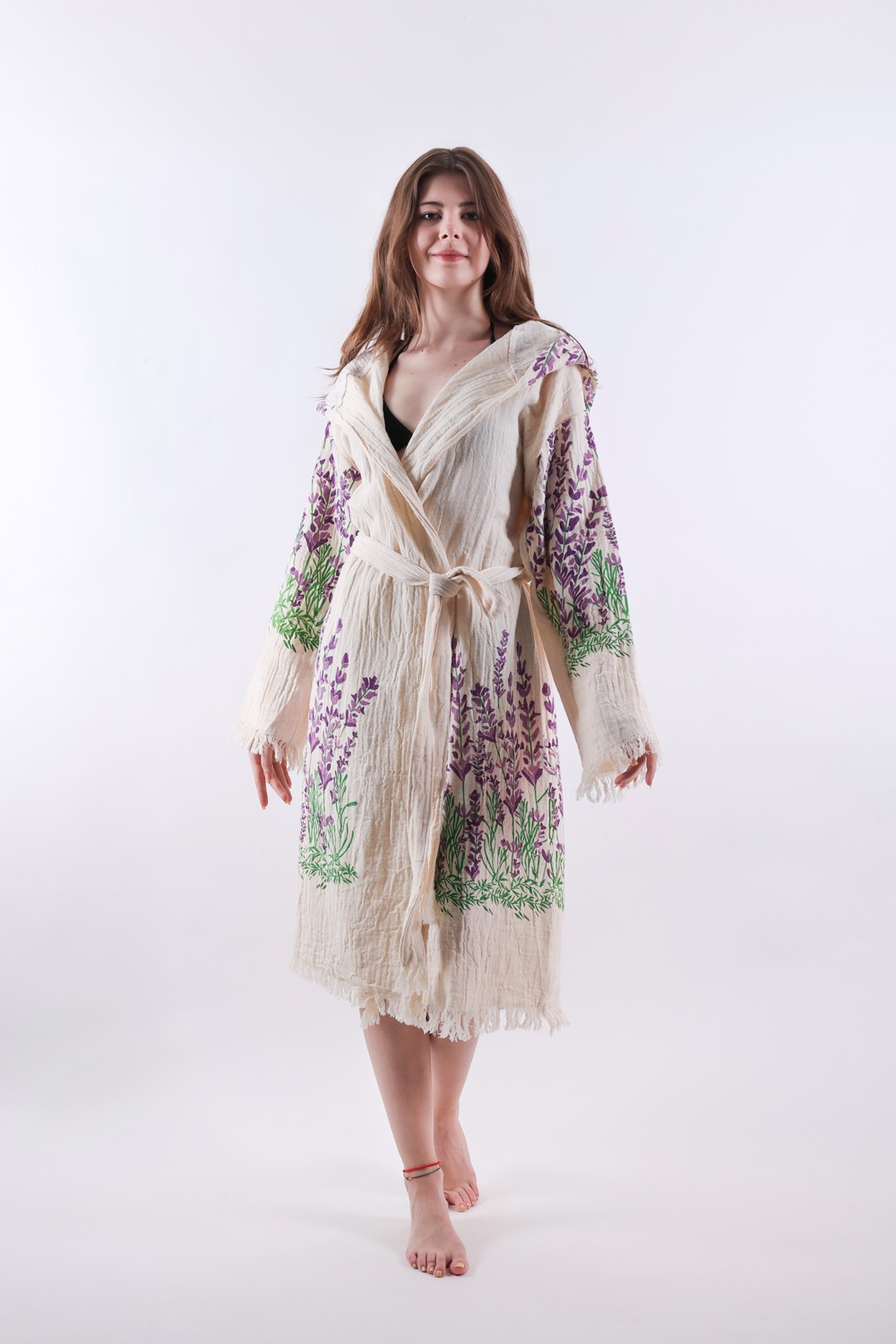 Reina Teks Peştemal Bornoz Müslin Pamuklu Plaj Lavanta Desen 1ADET Unisex Beachwear Kimono Kaftan görsel 2